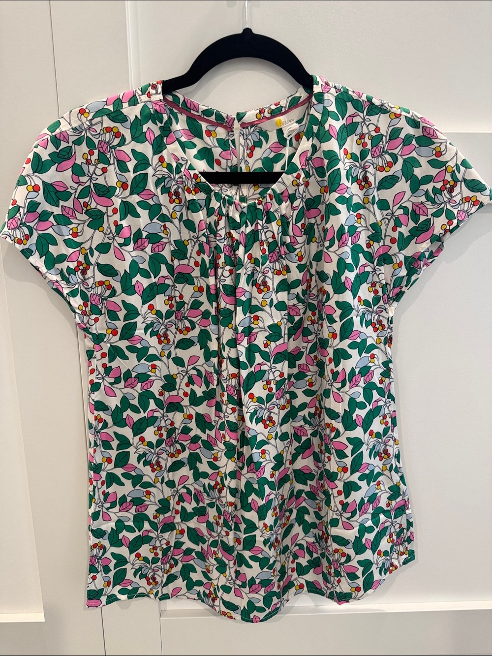 Boden White Floral Short Sleeve Blouse with Green & Pink Leaf Print